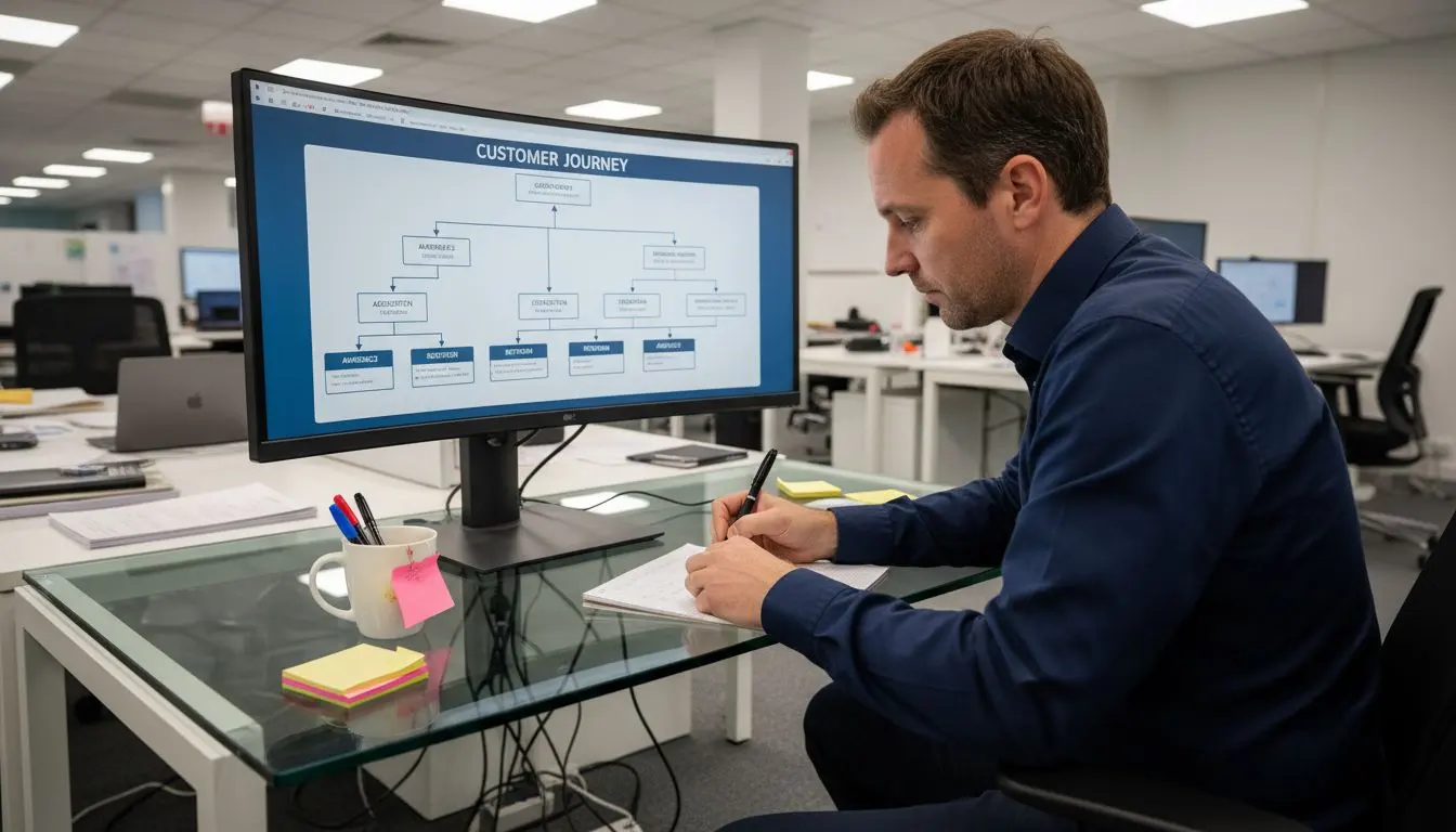 Strategist writing notes at glass desk