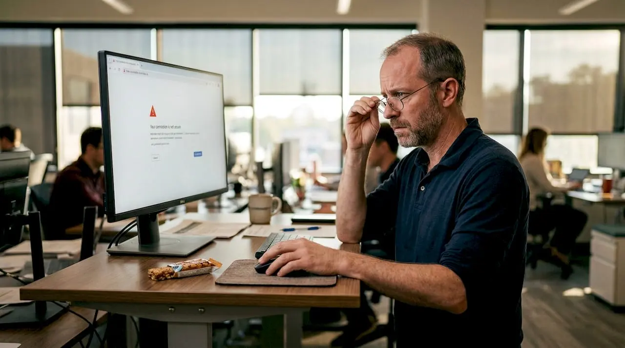 Man viewing SSL certificate browser warning