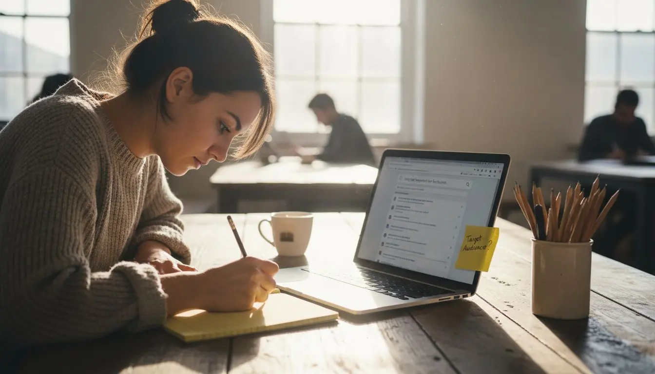 Business owner drafting keyword strategy notes