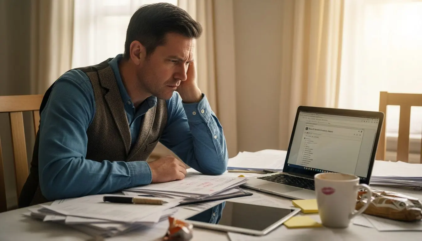 Man editing web page at cluttered table