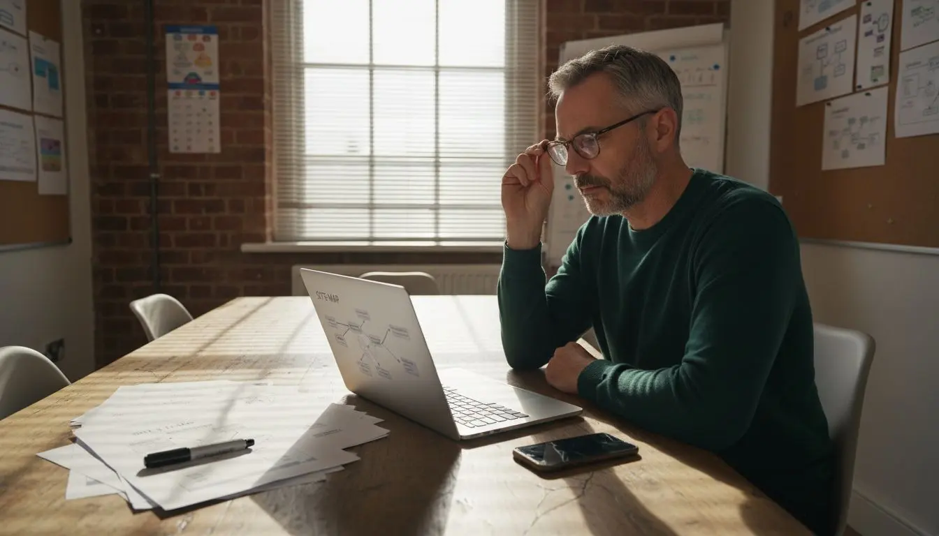 Man auditing website navigation at conference table