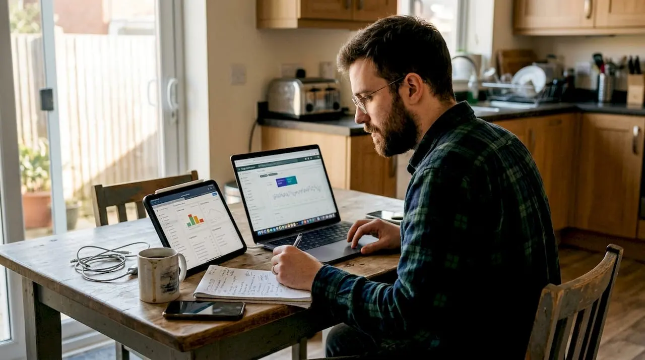 Man using SEO tools on laptop and tablet