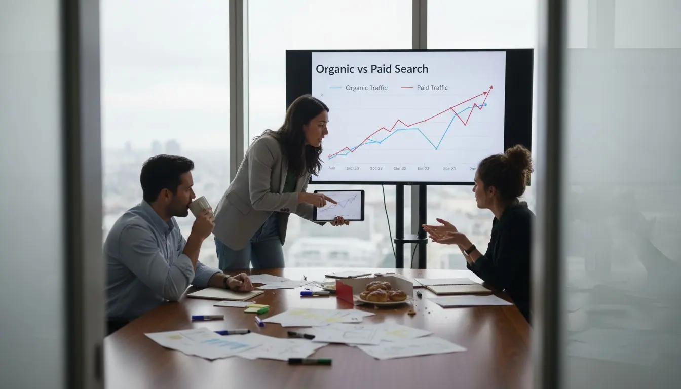 Marketing team reviews organic versus paid search