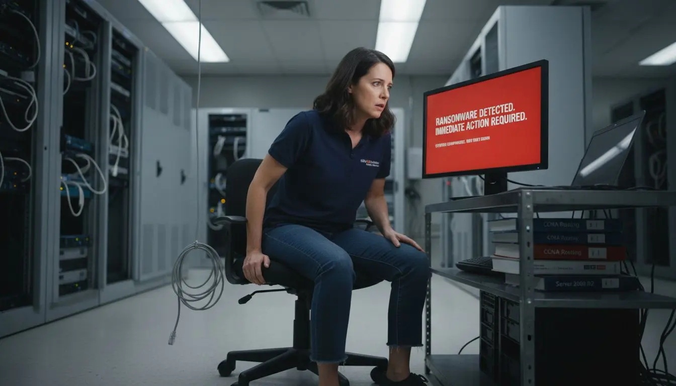 IT manager reacting to ransomware screen alert