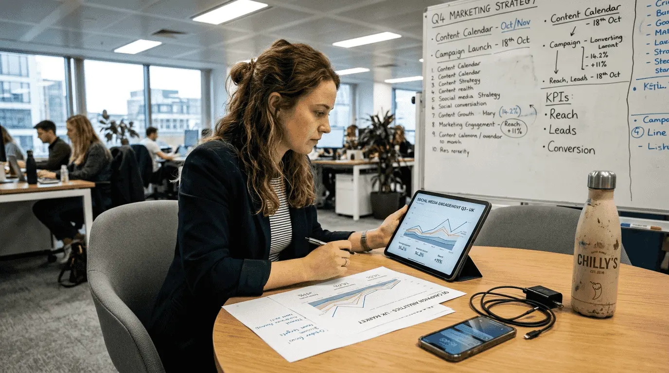 Manager reviewing digital marketing channels at table