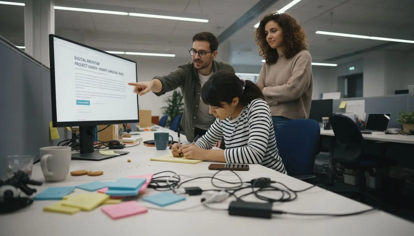 Team reviewing landing page design together