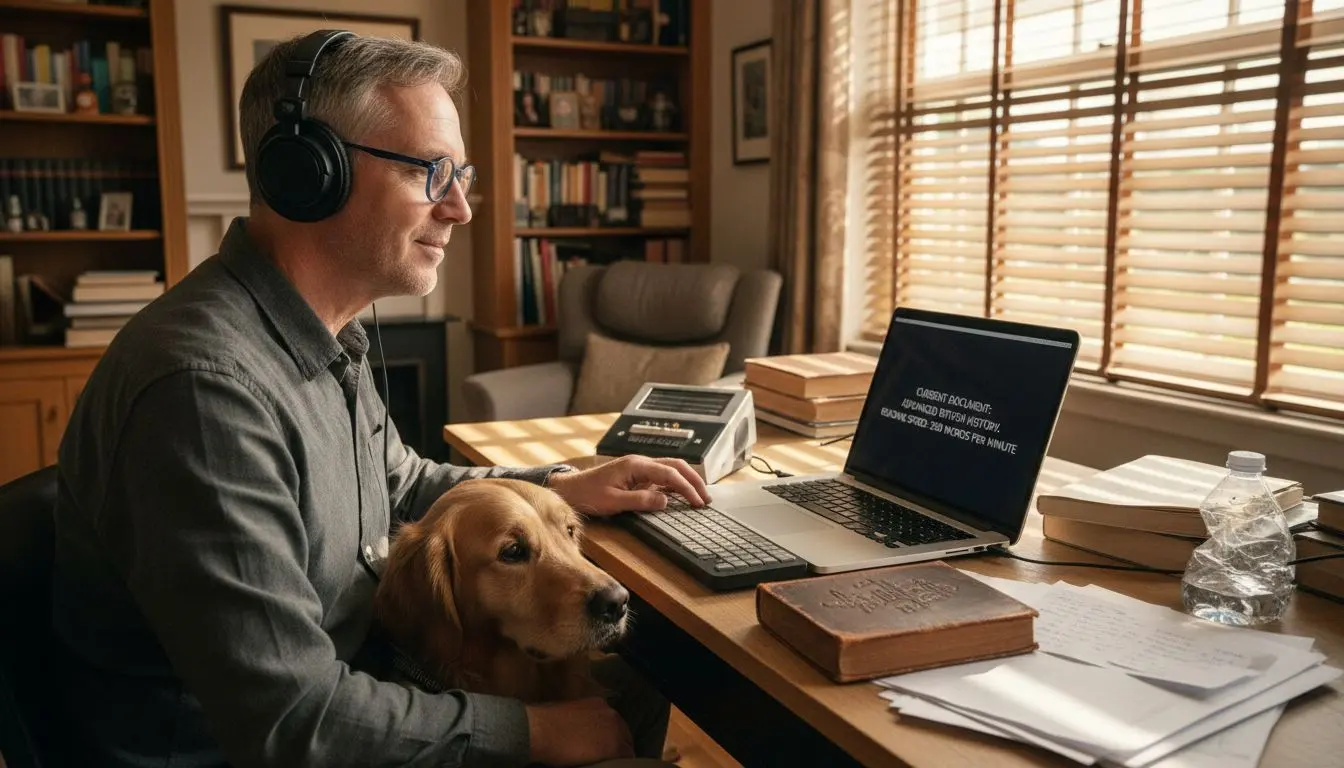 Visually impaired user uses screen reader at desk