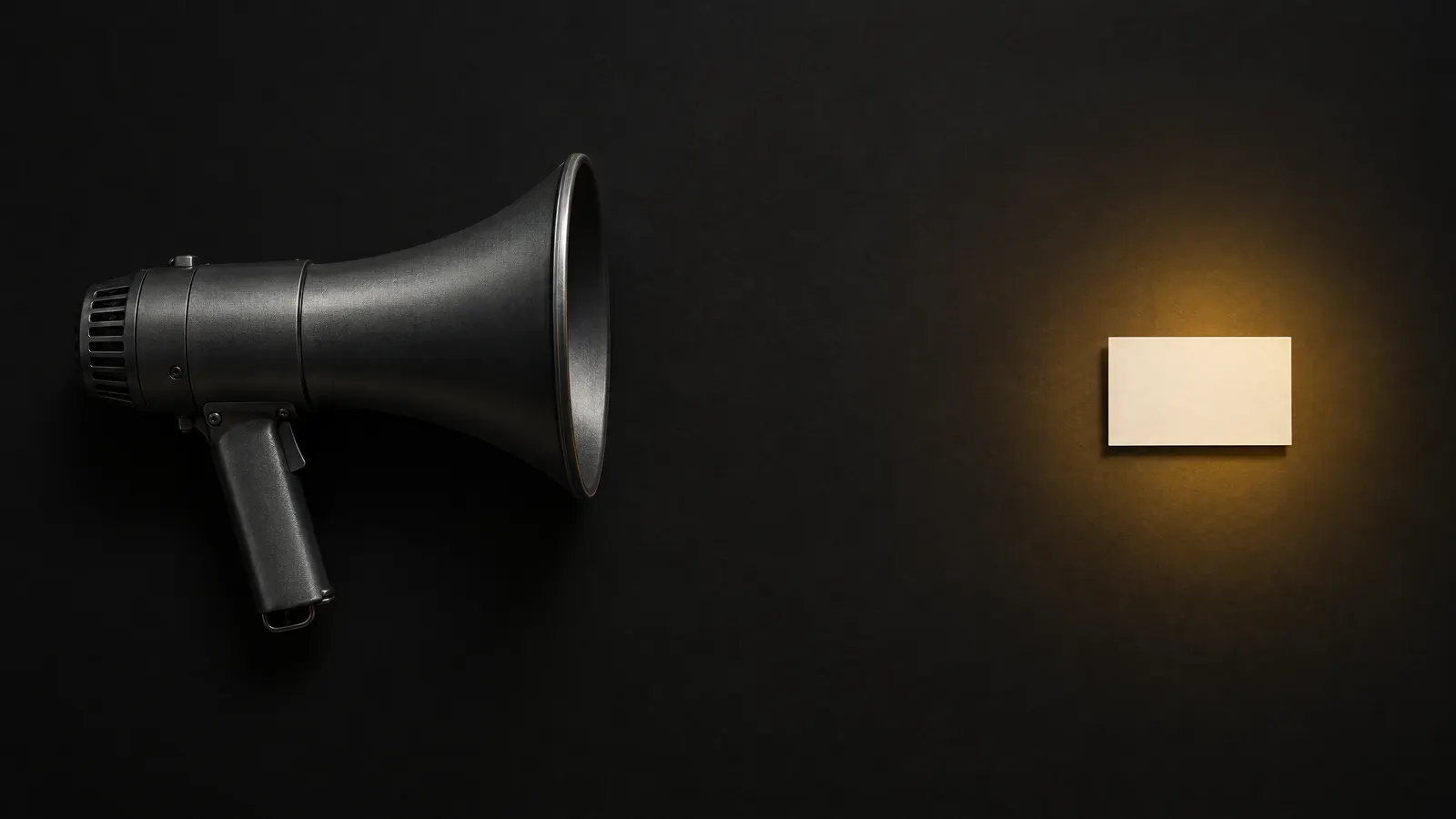 A dark megaphone on the left of a black surface and a small blank card glowing in a pool of amber light on the right.