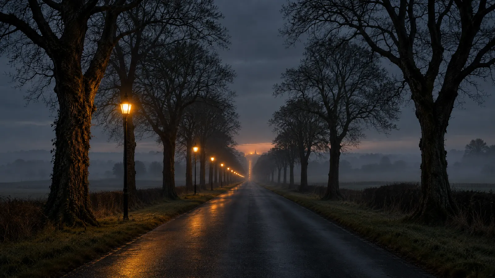 A long tree-lined country road at dusk with amber lamps receding into the mist.