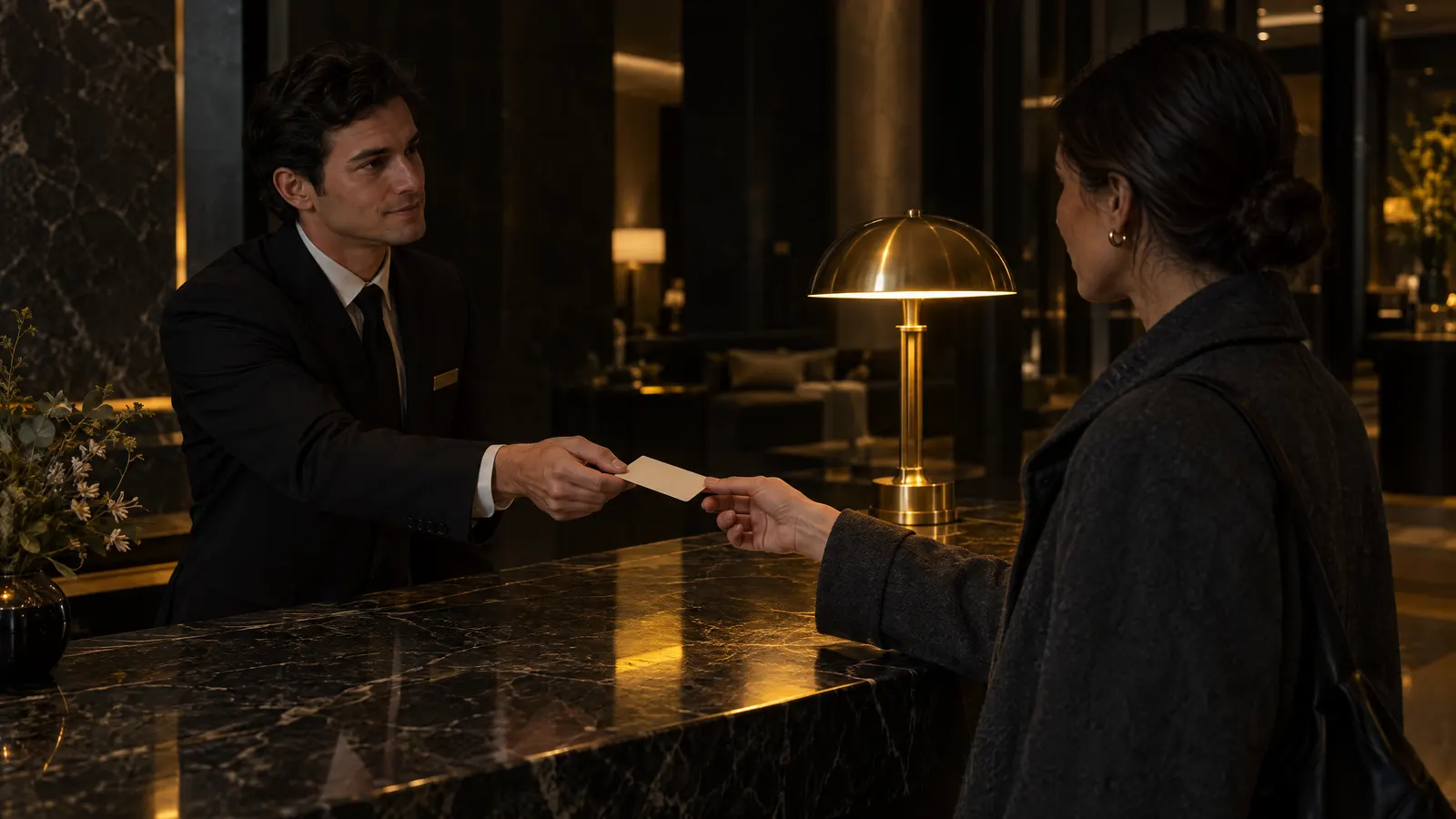 A concierge at a dark marble hotel desk handing a small blank card to a guest under a brass lamp.