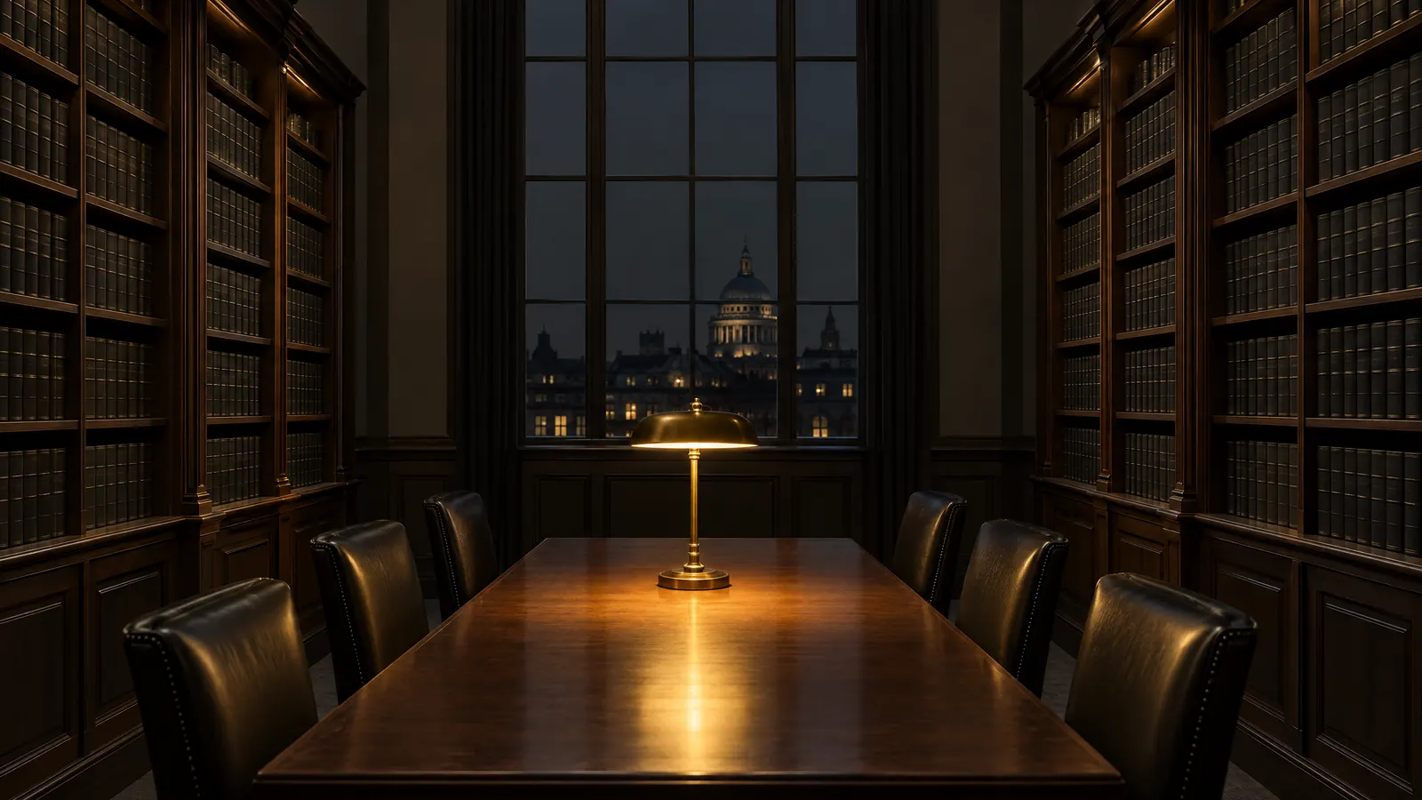 A wood-panelled law library at night with a long table lit by a single brass lamp.