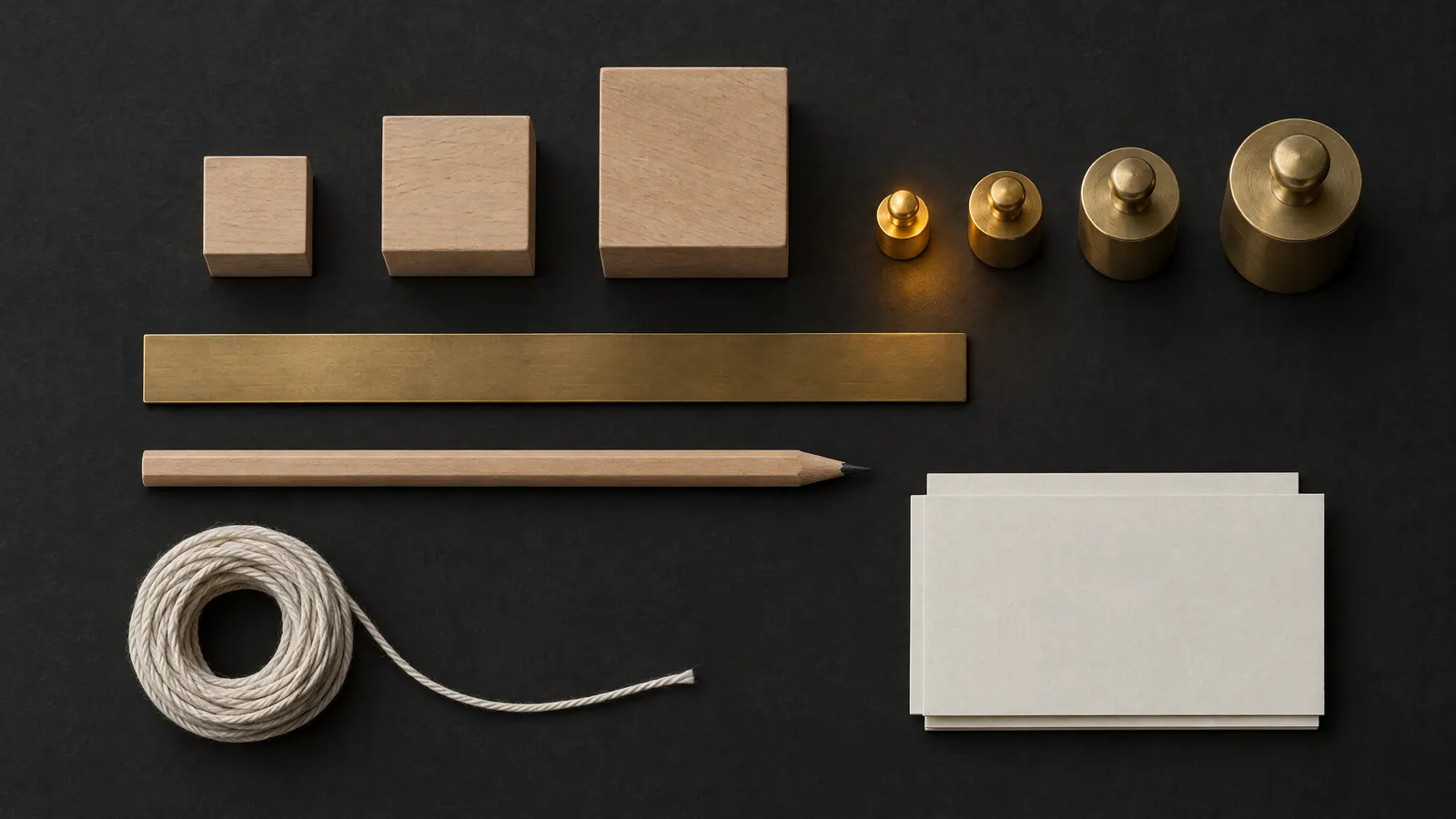 Wooden blocks and brass weights in increasing sizes laid out with a ruler, pencil, string and blank cards on charcoal.