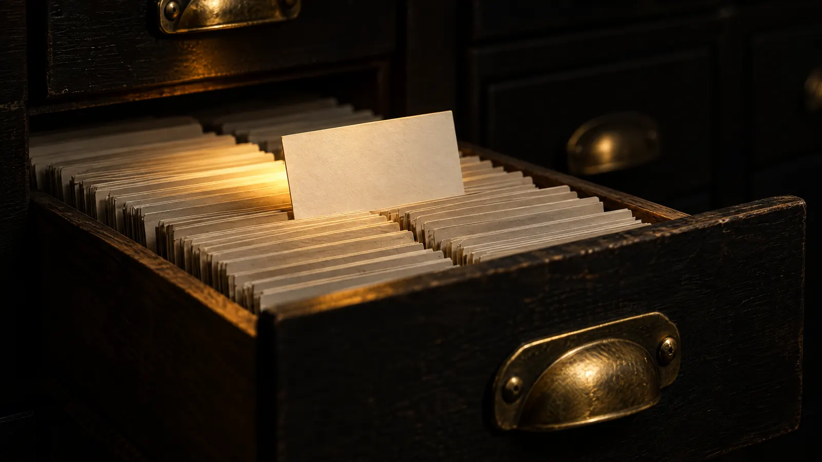An open wooden card index drawer full of plain cards, with one blank card raised above the rest in a beam of warm light.