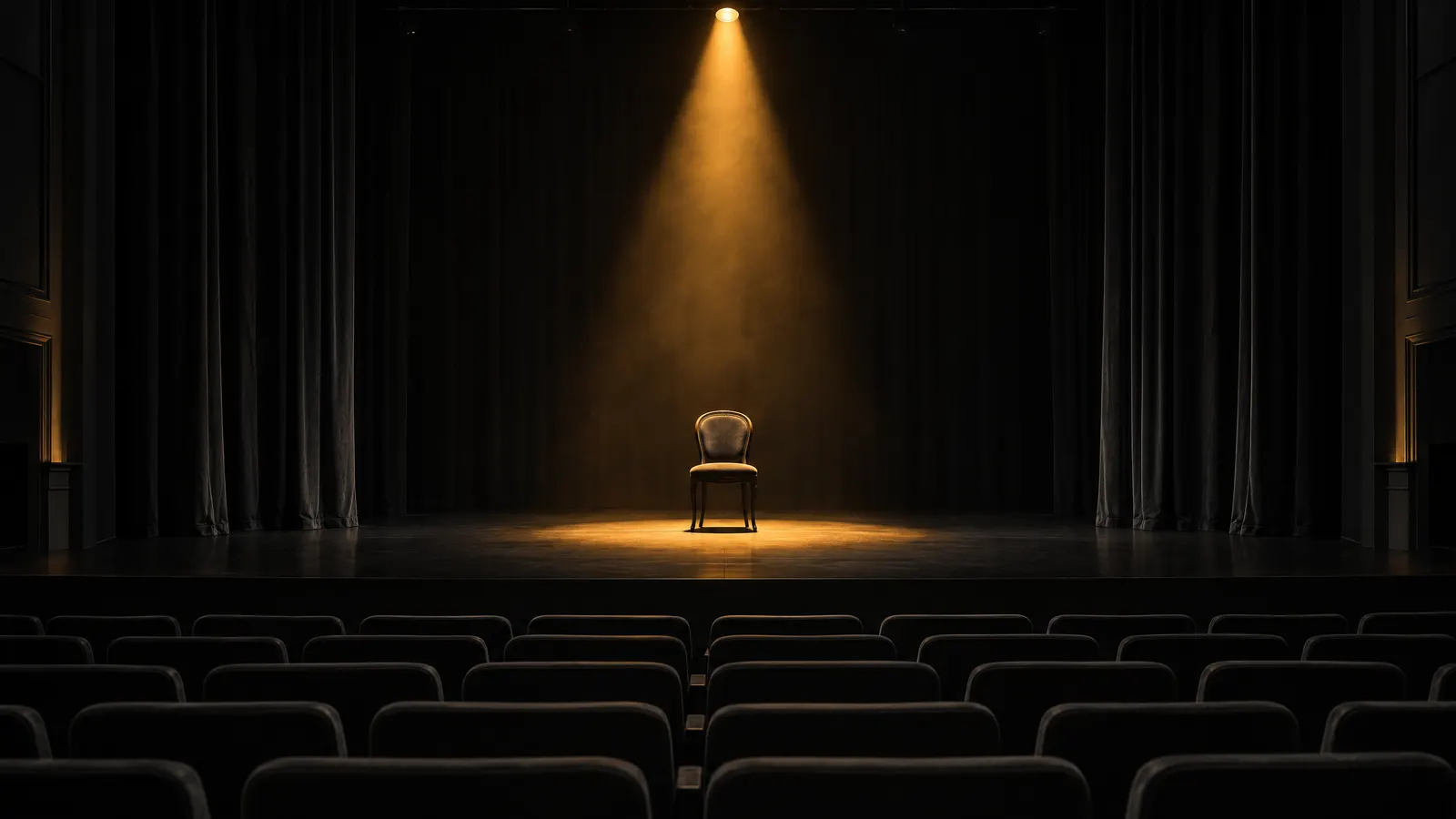 An empty theatre stage with a single chair lit by an amber spotlight, seen from behind rows of dark seats.