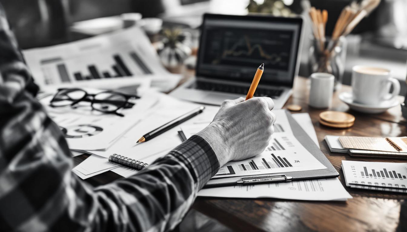 A photograph of a professional accountant working at a sleek