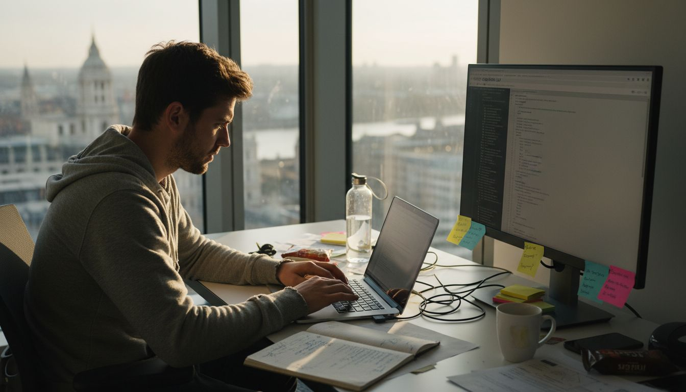 Web developer in corner office working