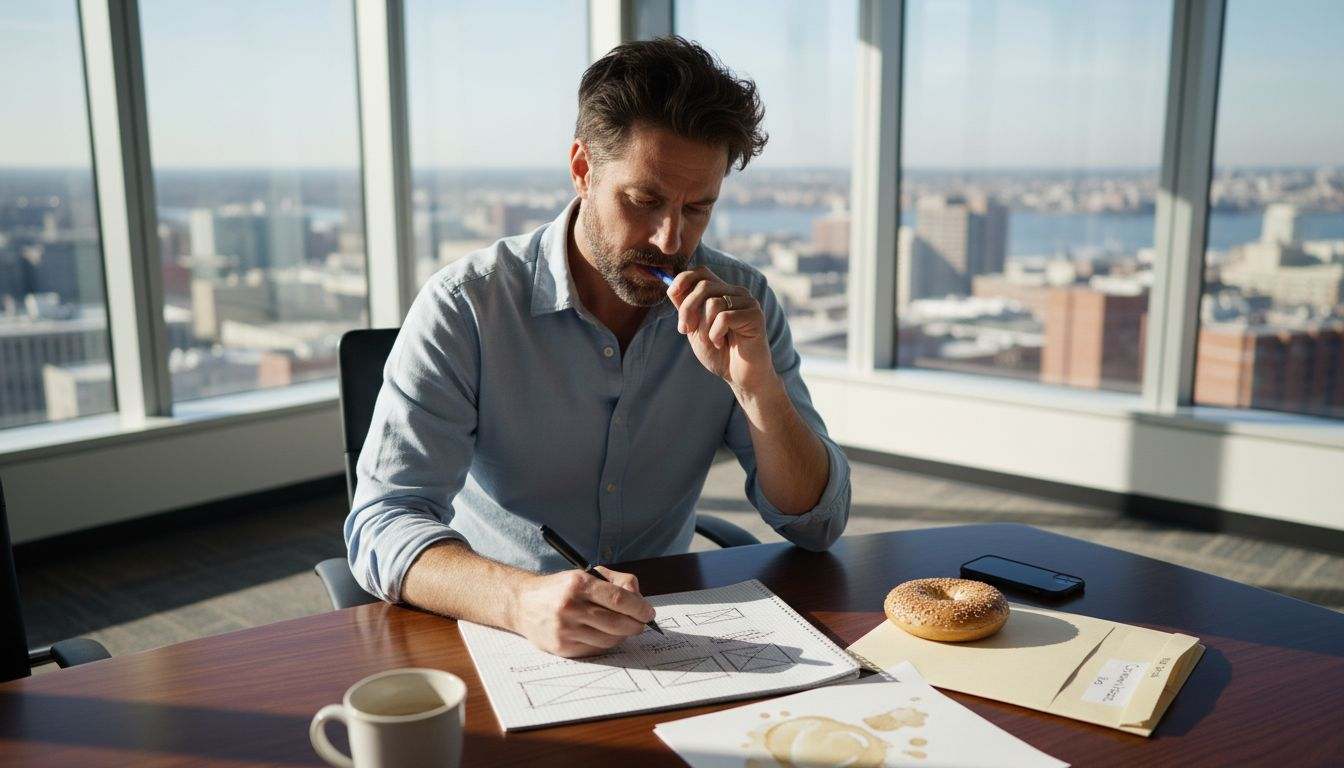 Manager sketching landing page in bright office