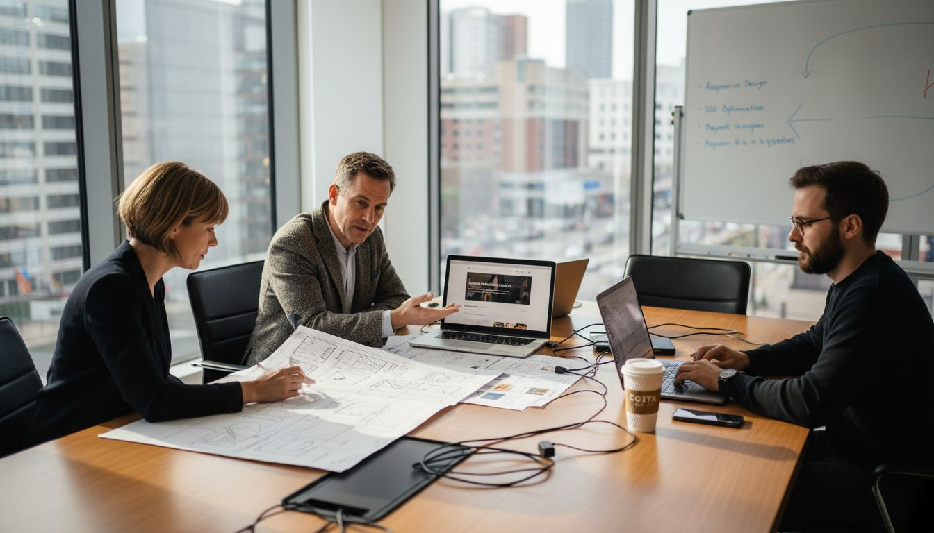 Team collaborating on business website designs