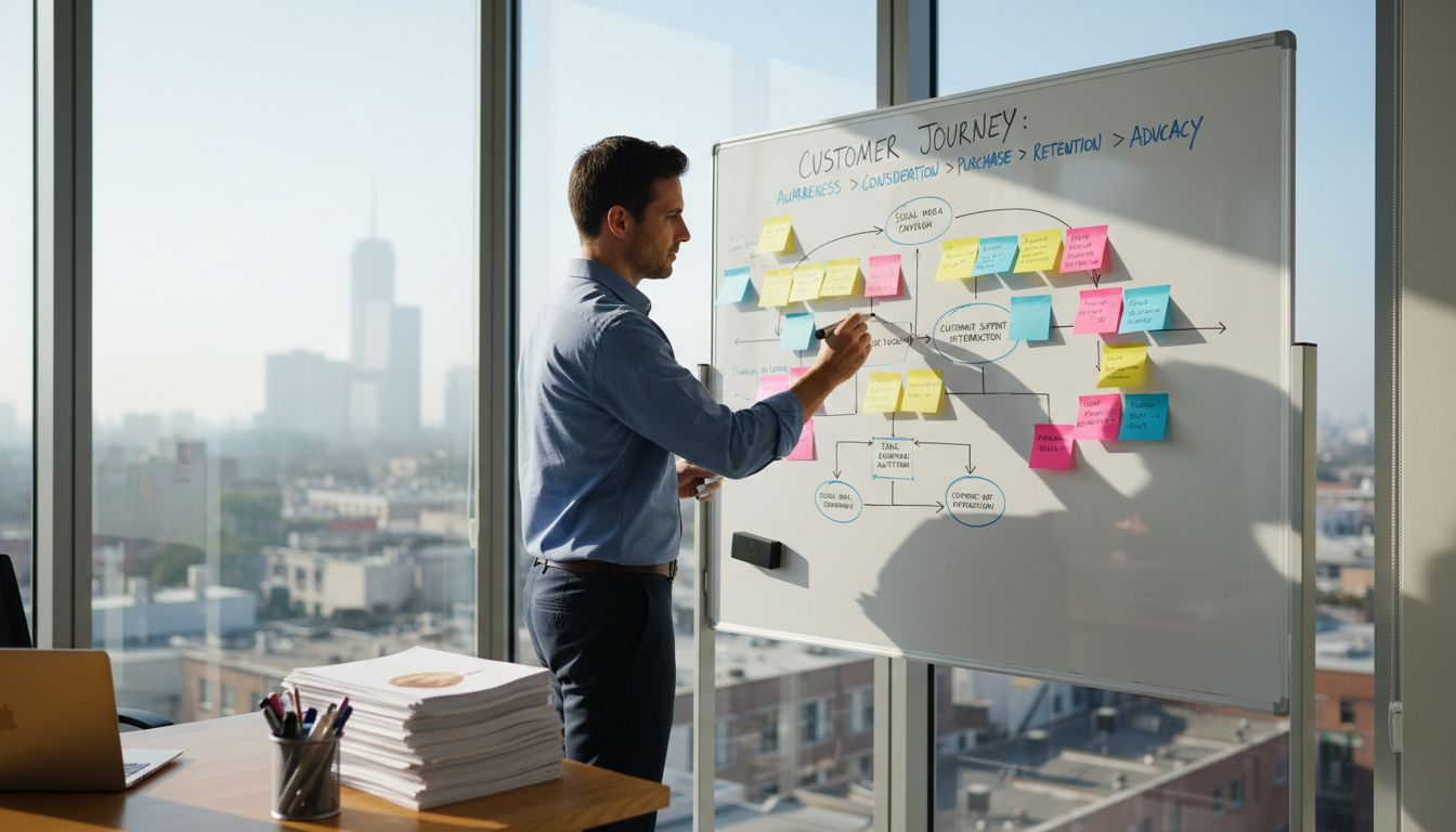 Manager mapping customer journey on whiteboard