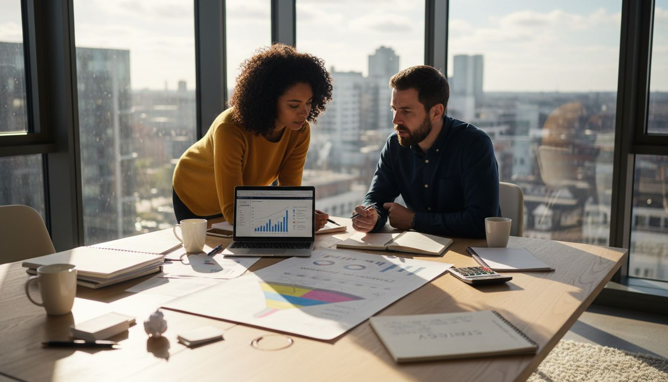 Team reviewing conversion funnel printout in office