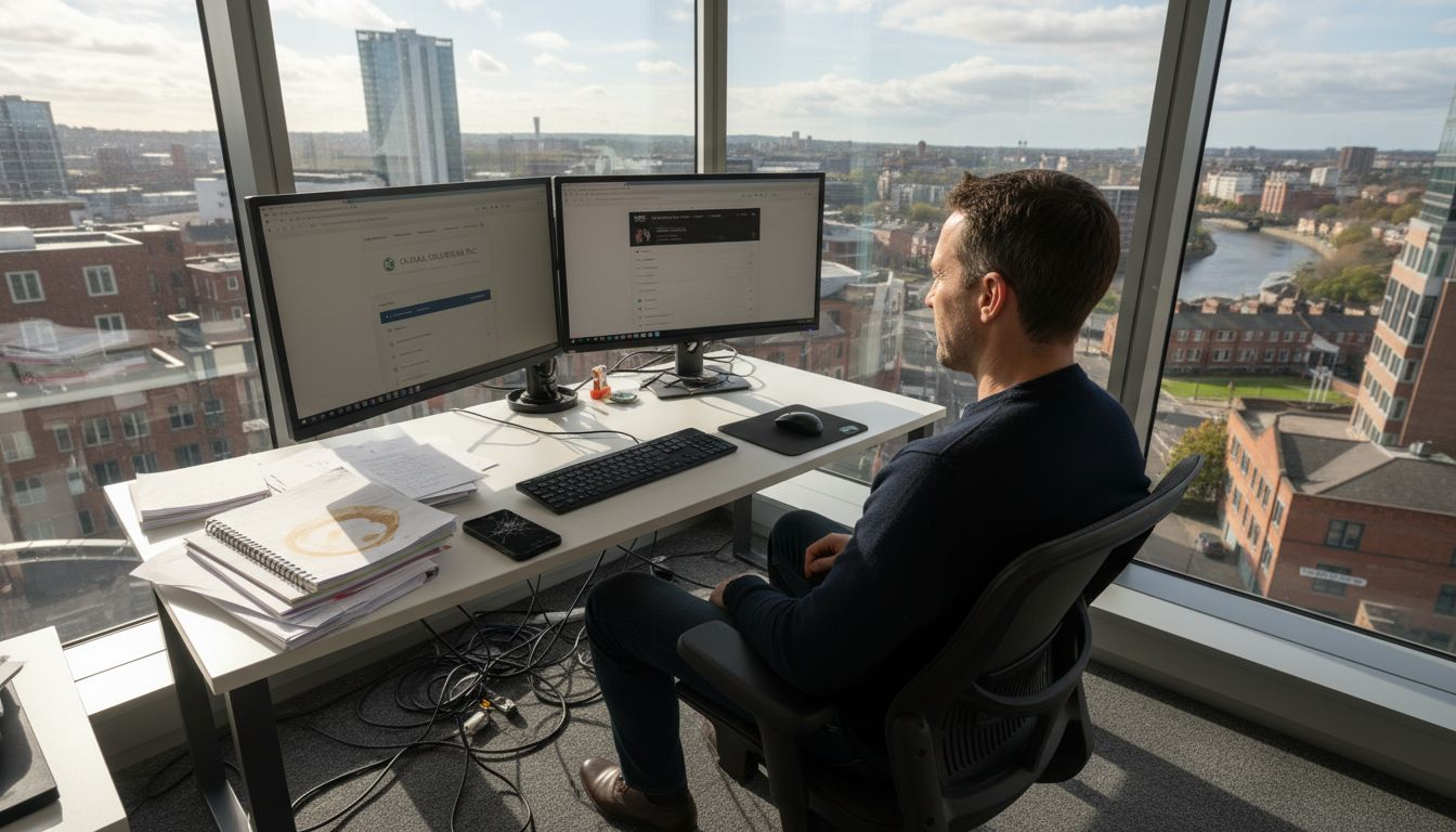 Man editing business website in office