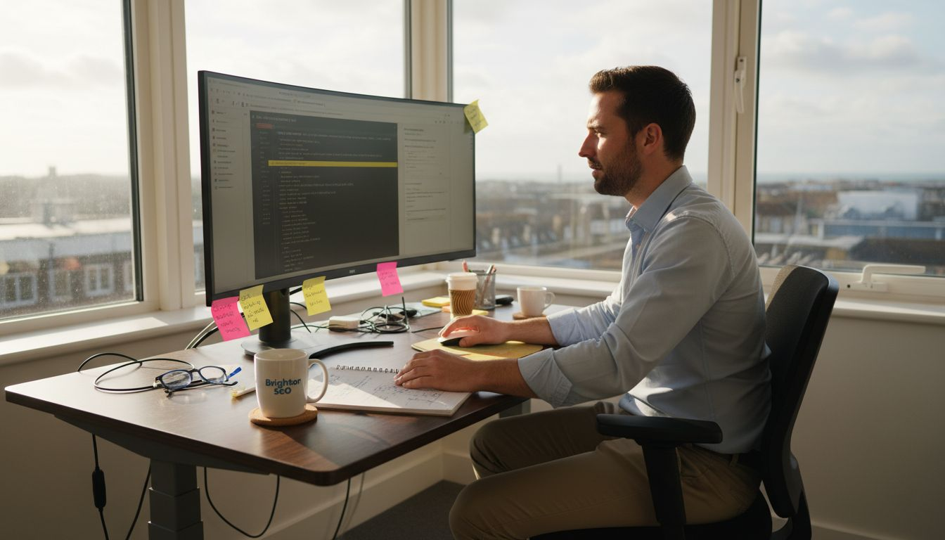 SEO specialist highlights schema markup code at desk