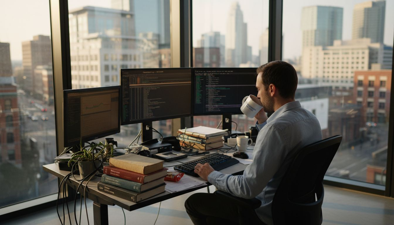 Security specialist at desk auditing website logs