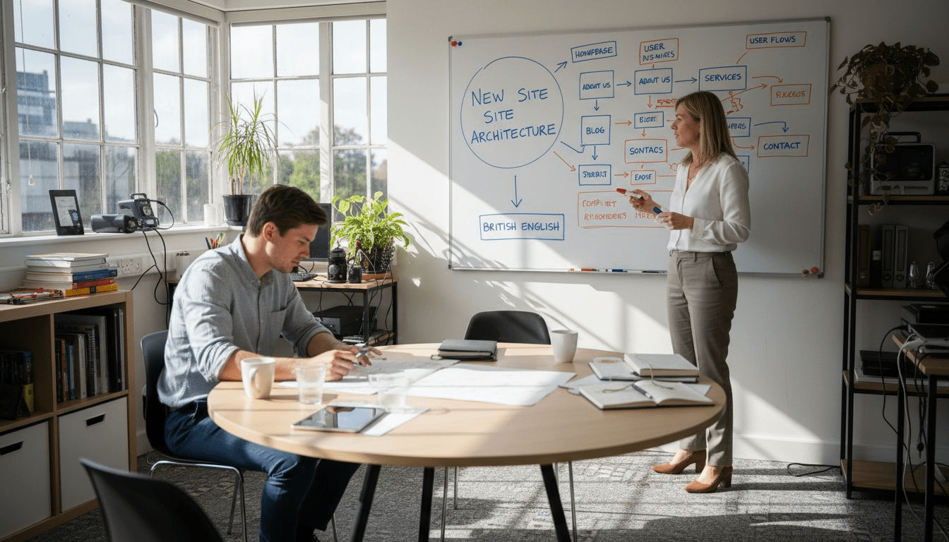 Team planning website sitemap at office whiteboard