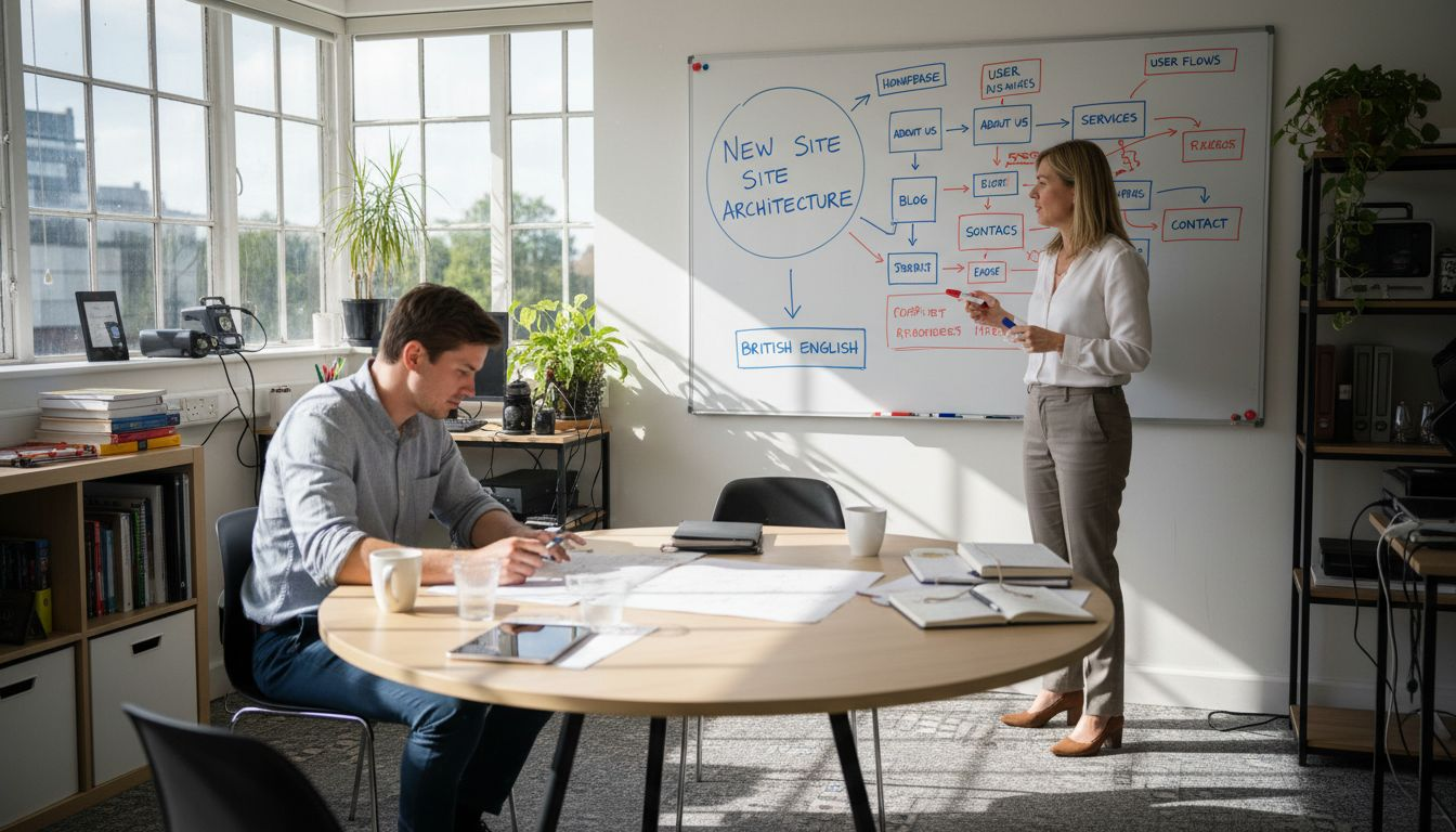 Team planning website sitemap at office whiteboard