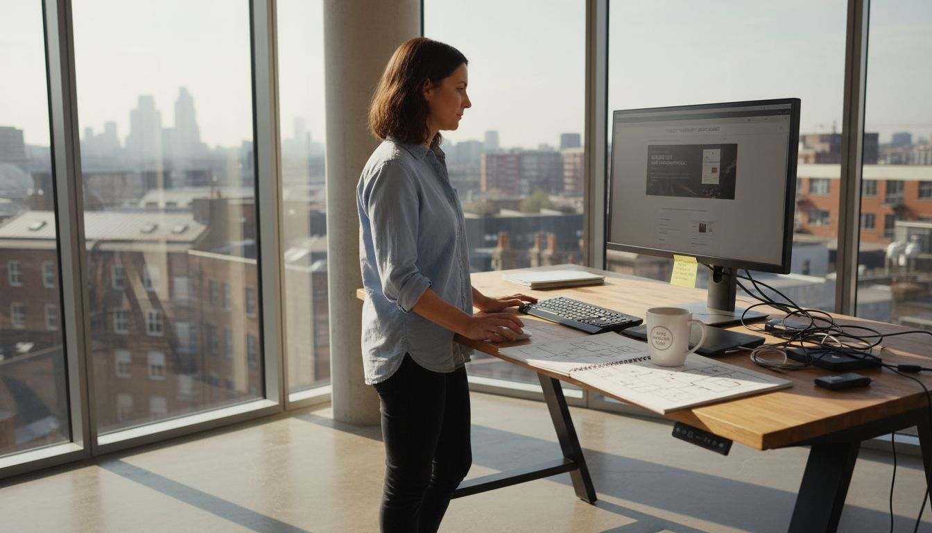 Web designer reviewing business website at city office