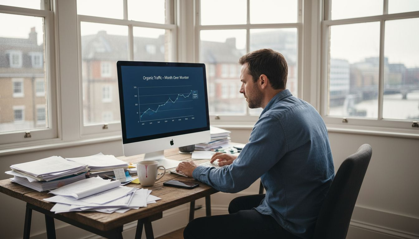 Business owner reviewing SEO analytics at desk