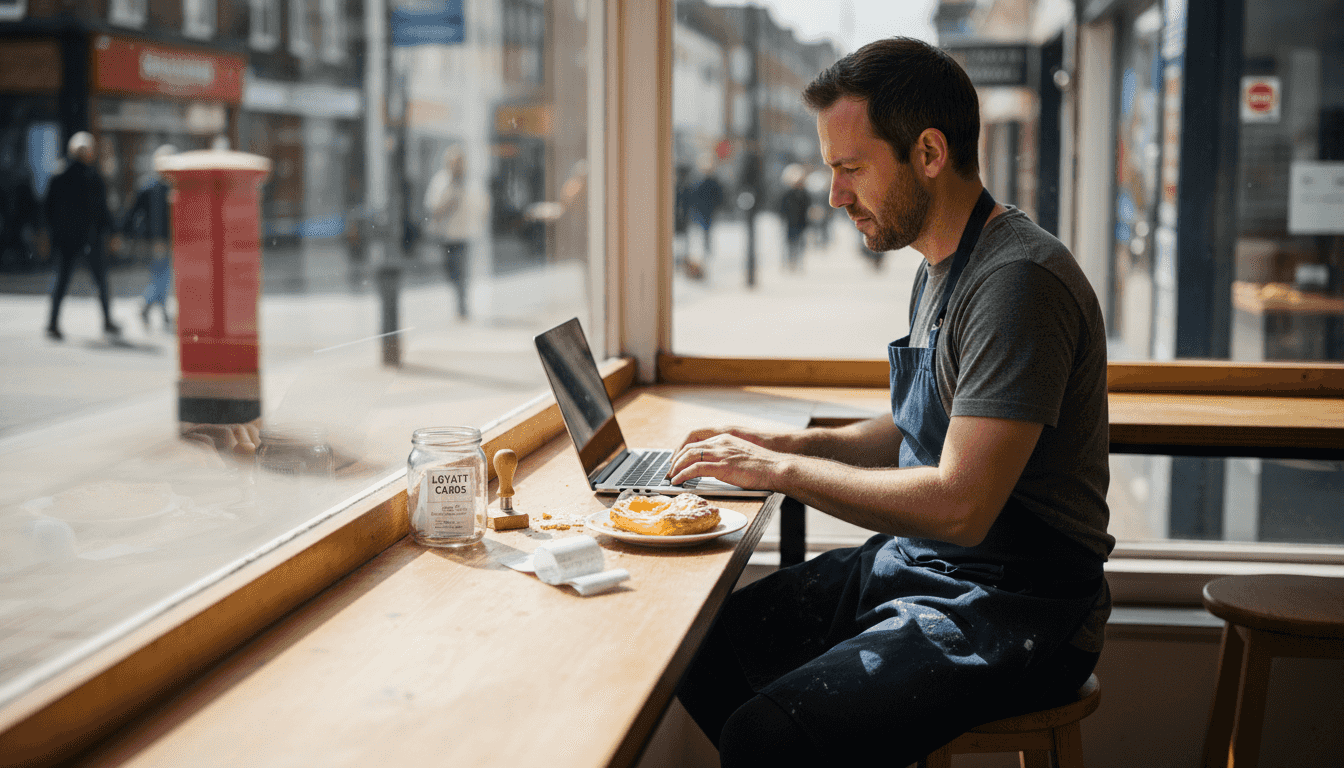 Bakery owner updating SEO on laptop at counter