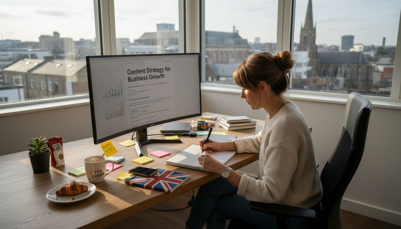 Strategist reviewing SEO content in bright office