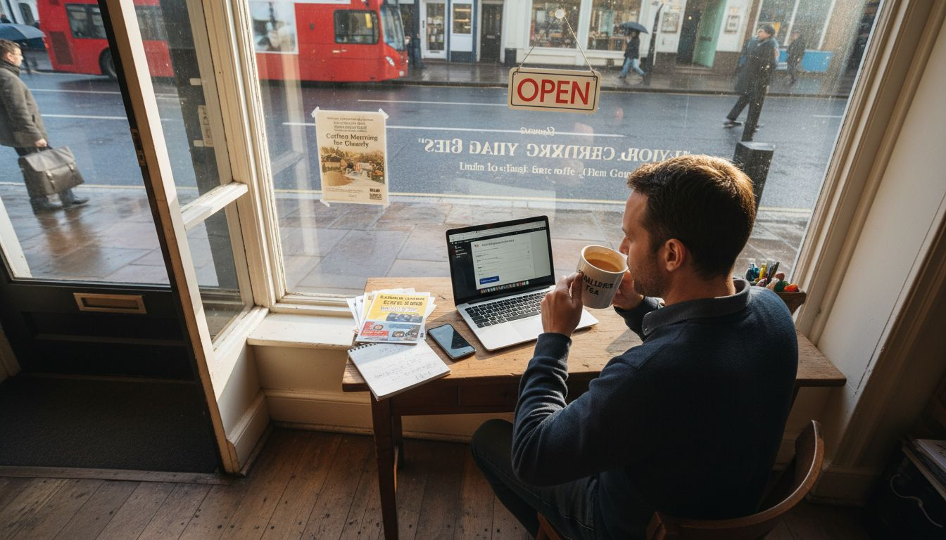 Shop owner updating online listing at desk