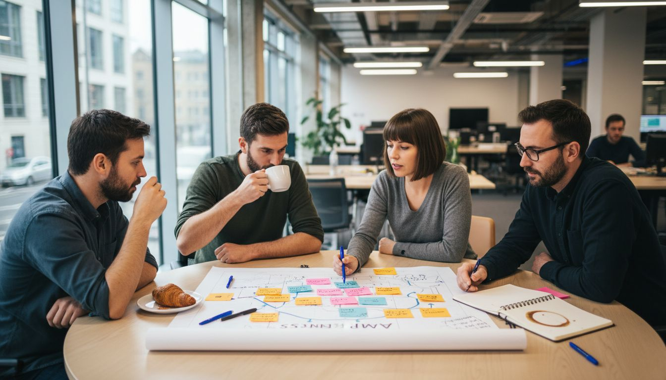 Team reviews user journey mapping diagram