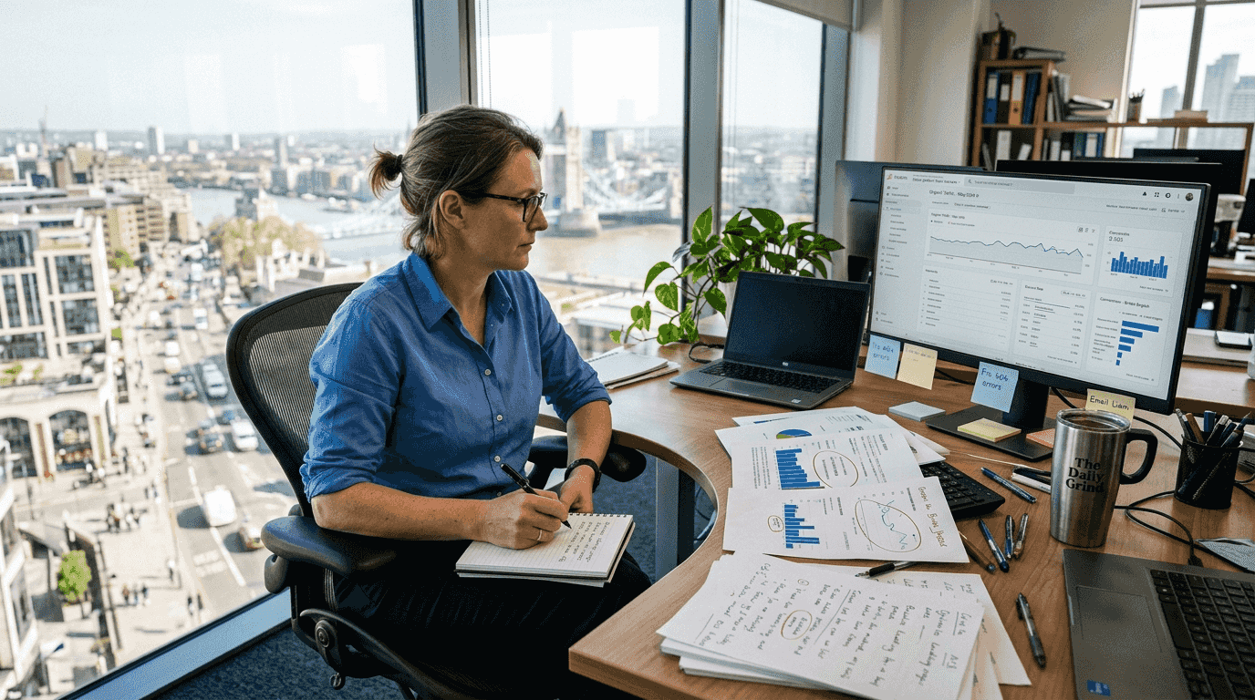 Business owner reviewing SEO analytics in office
