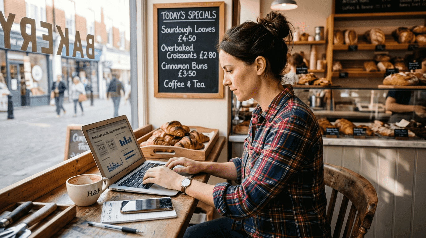 Bakery owner checks email marketing results