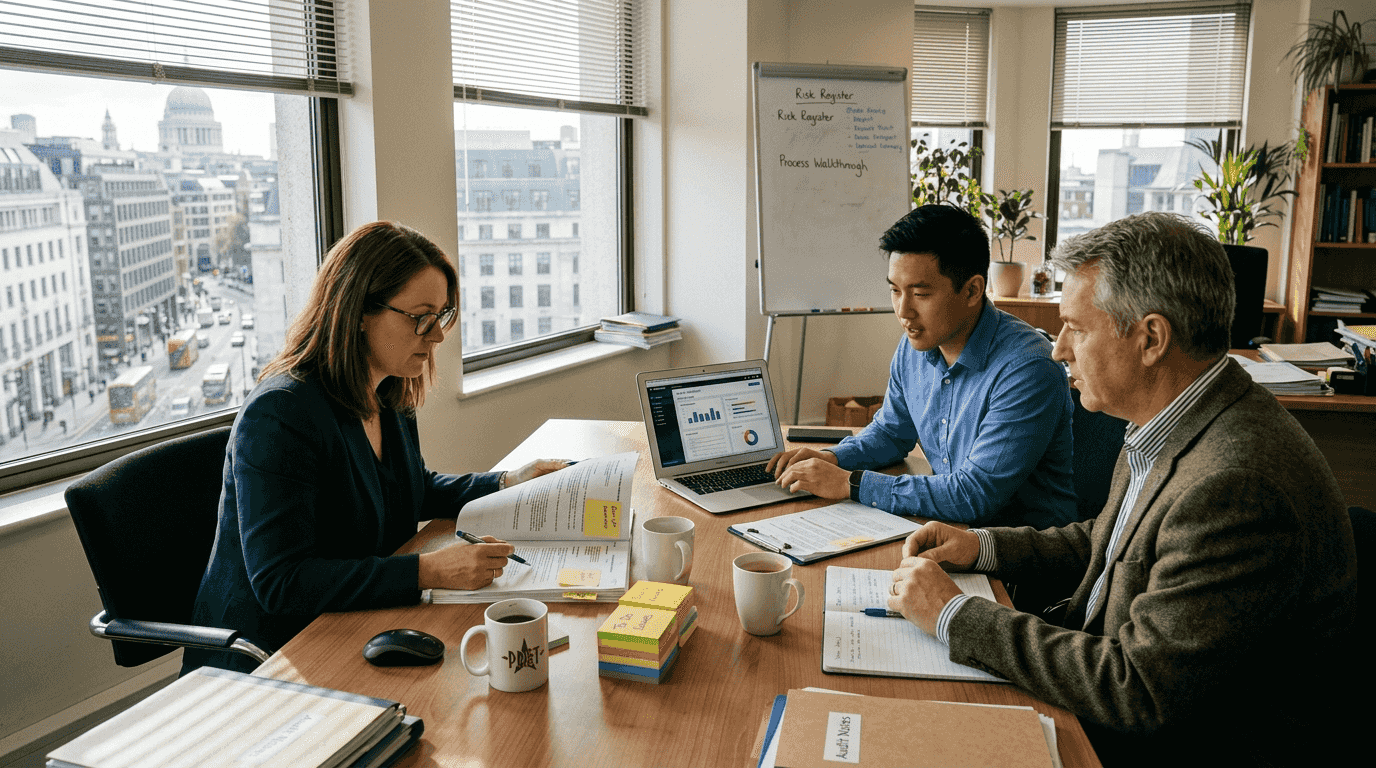 Business team reviewing technical audit at office table