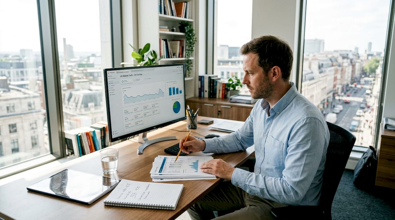 Analyst viewing website analytics in sunny office