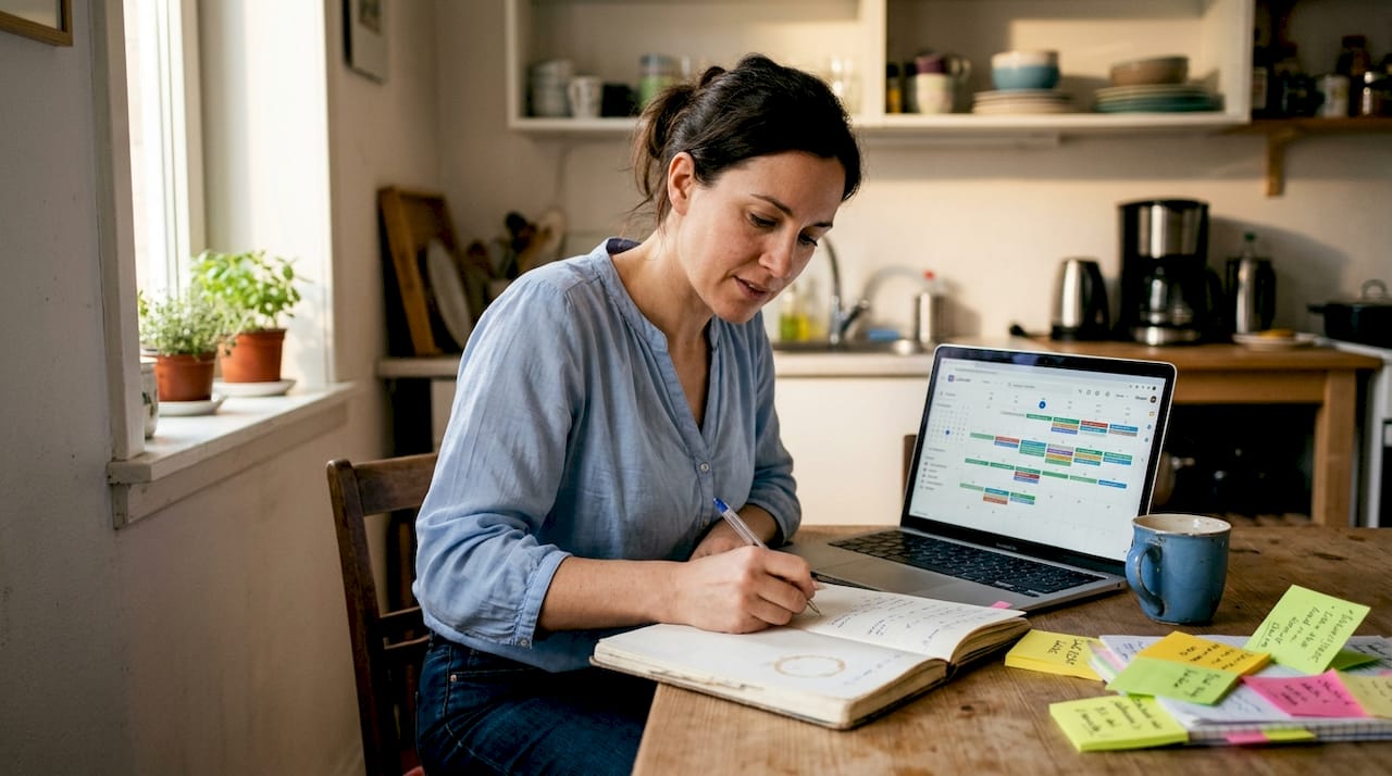 Business owner planning website content at kitchen table