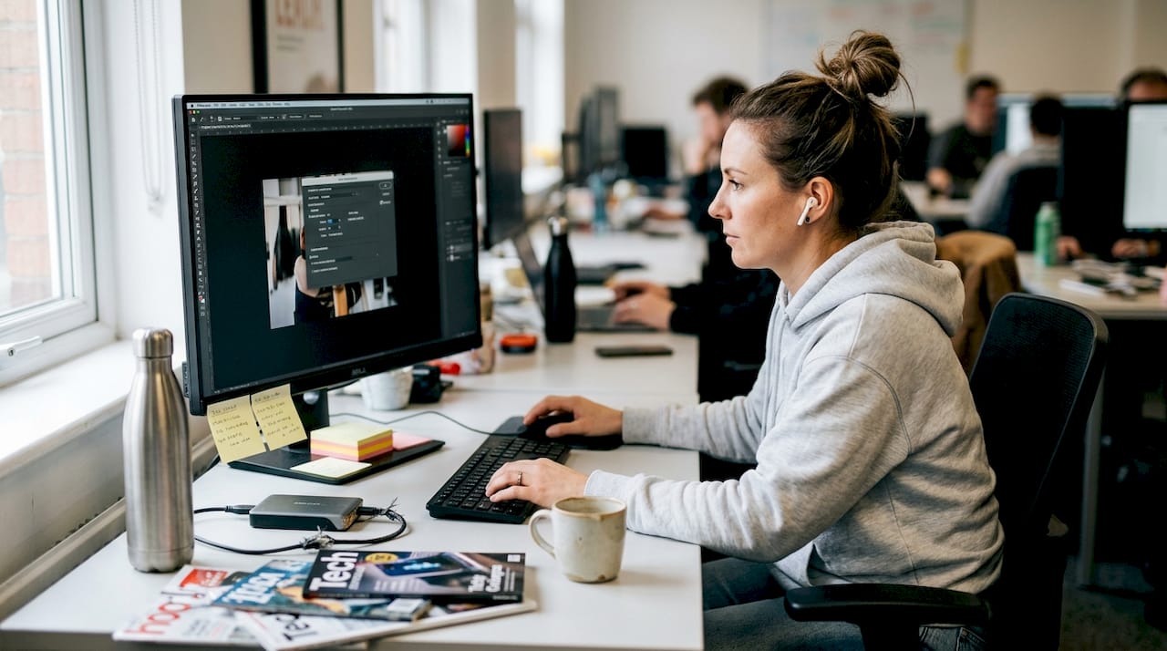 Web designer editing images at office desk