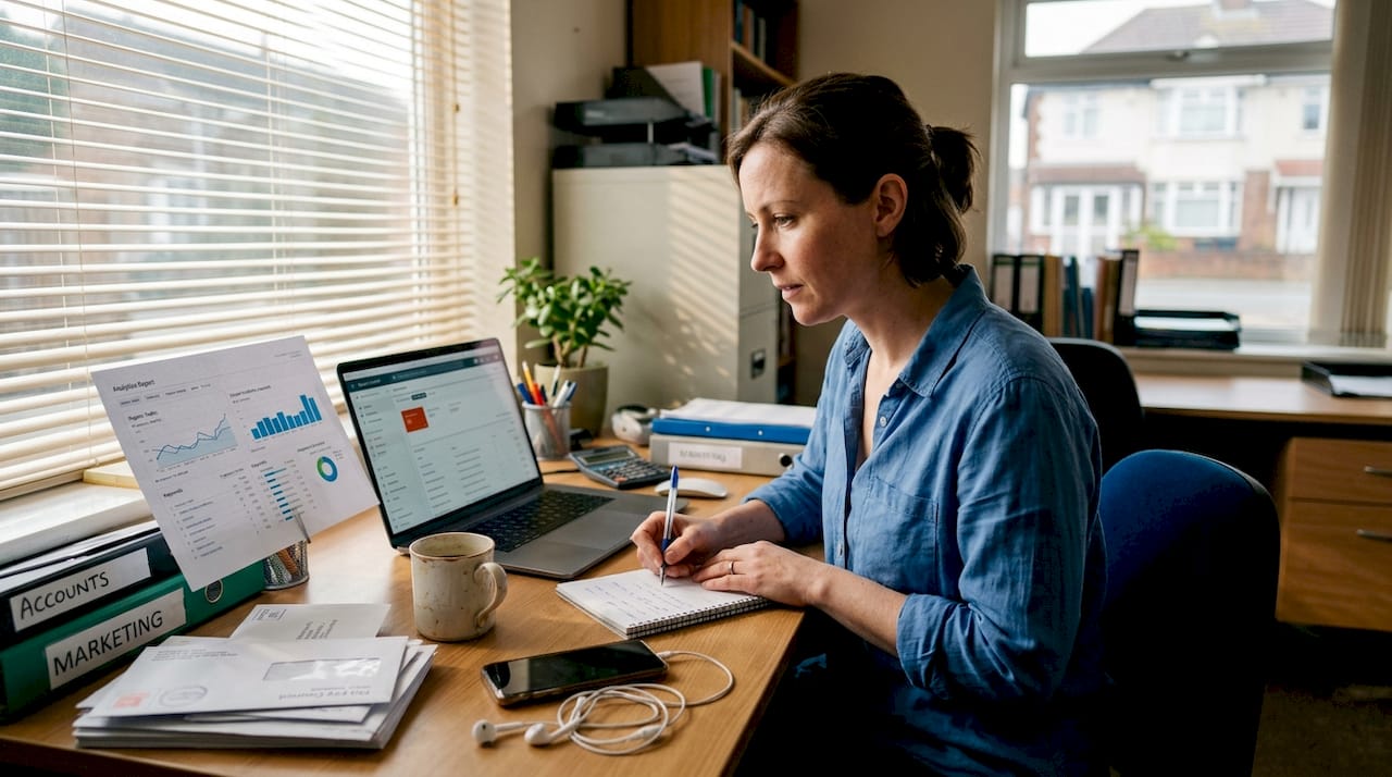 Small business owner reviewing website SEO analytics