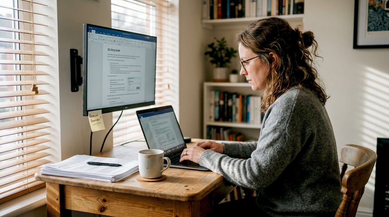 Woman setting up SSL certificate on laptop