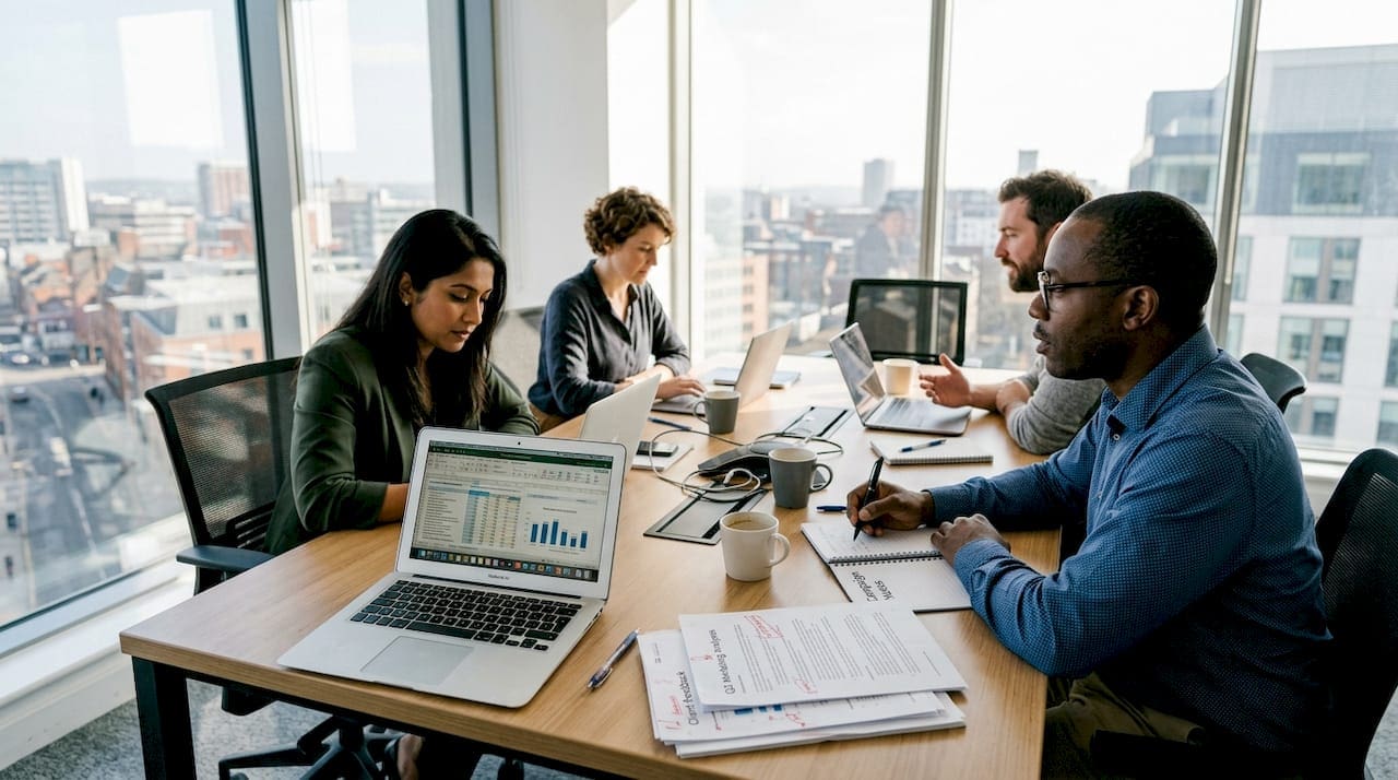 Marketing strategists meeting in sunny office