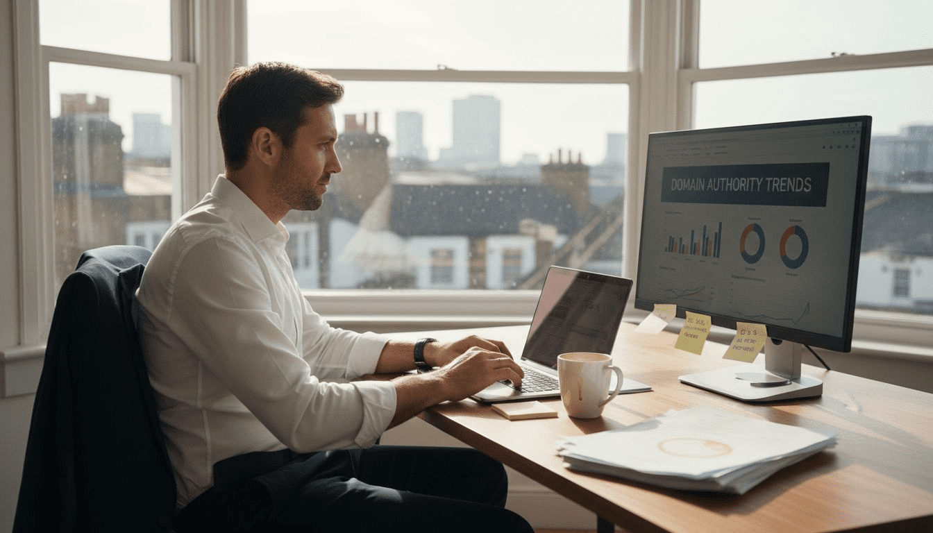 Entrepreneur checking website analytics at desk