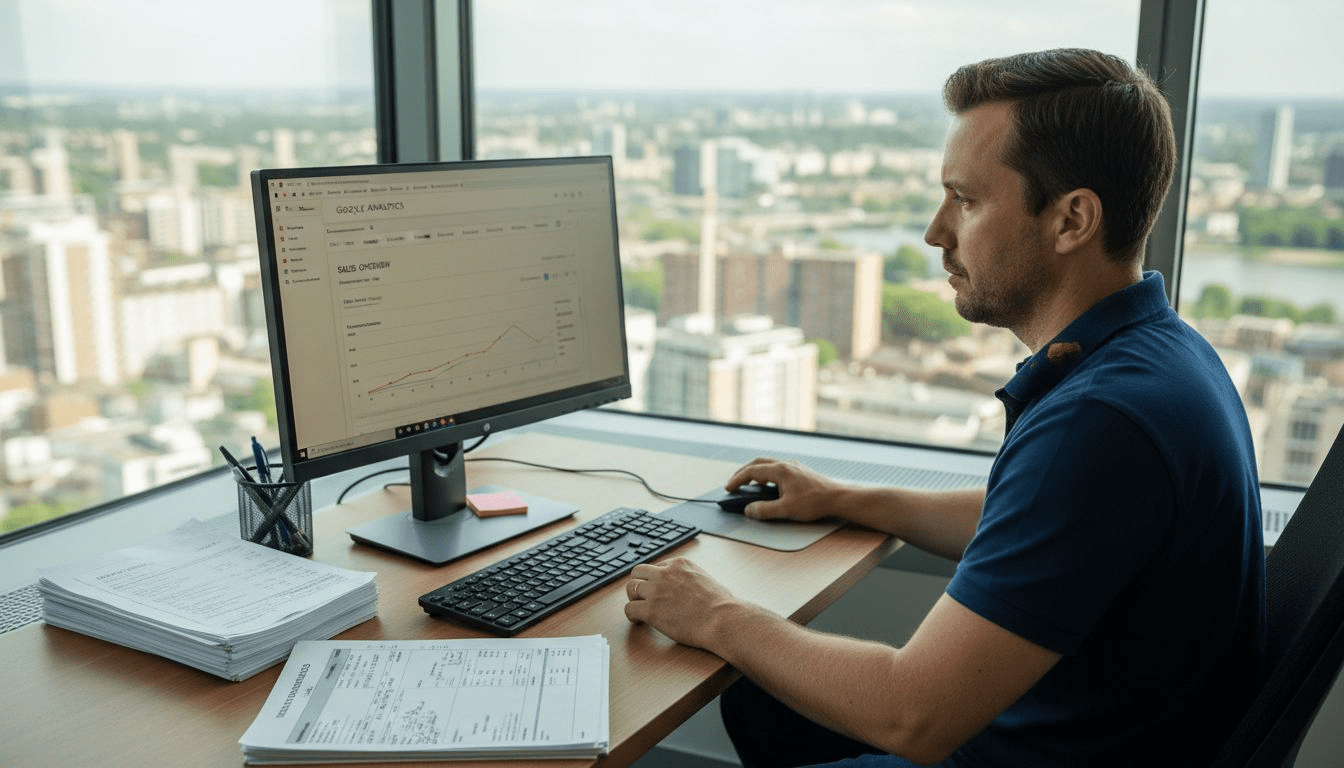 E-commerce manager reviewing analytics dashboard