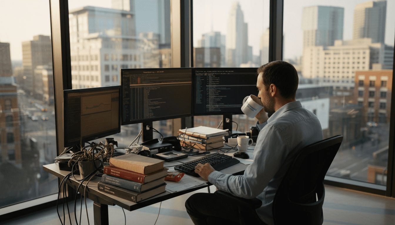 Security specialist at desk auditing website logs