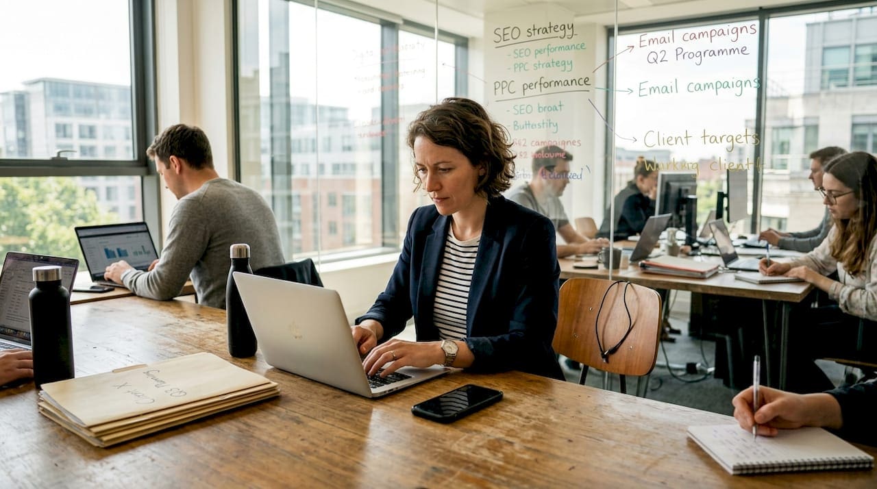 Digital marketing team collaborating in office