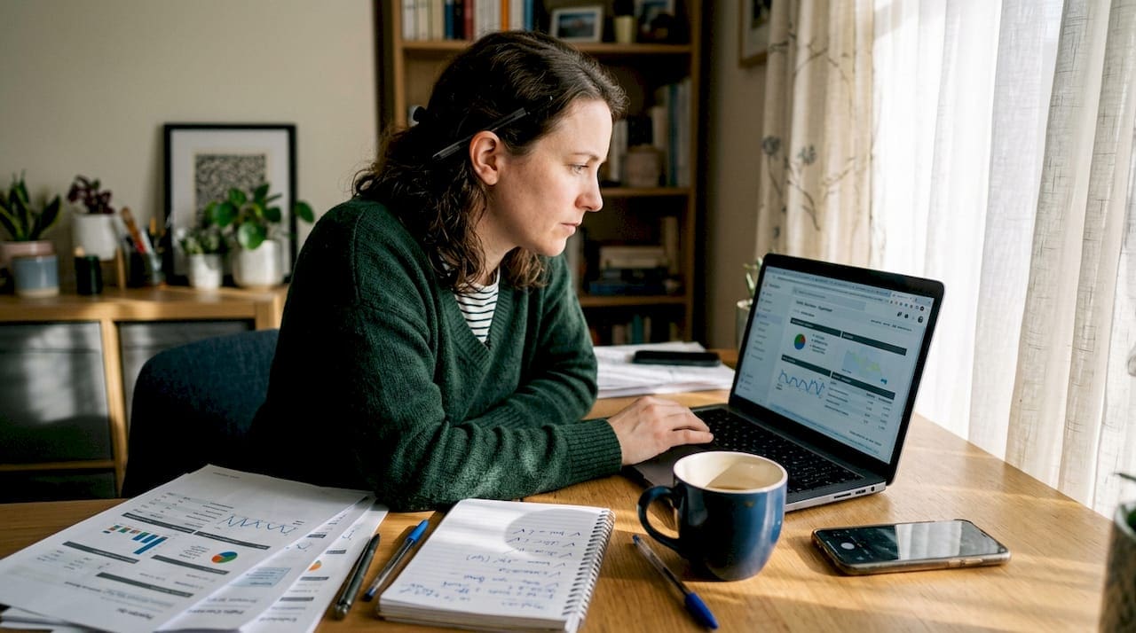 Small business owner auditing website at home desk