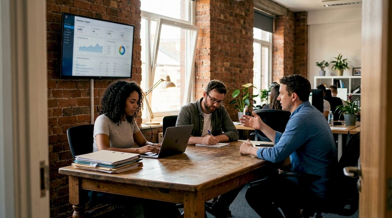 Digital agency team working at messy table